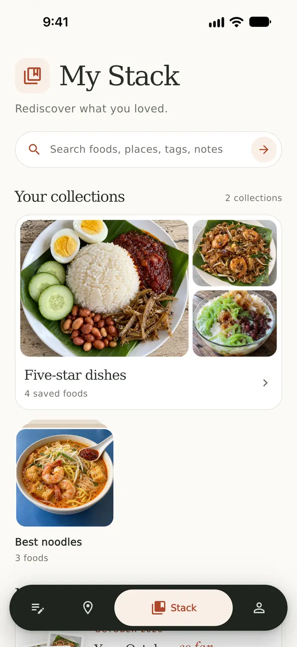 The My Stack screen shows a collection of five-star dishes and a collection of the best noodles.