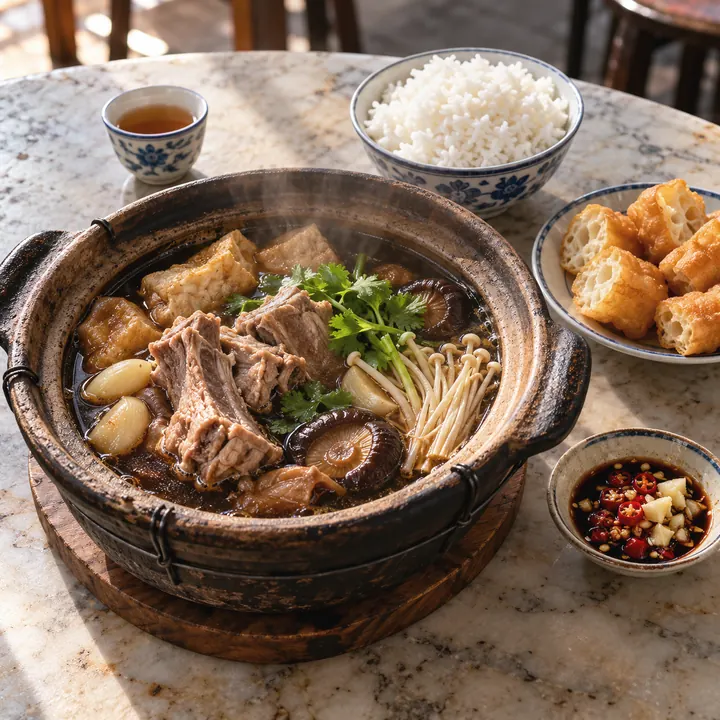 Bak kut teh in a clay pot with pork ribs, tofu puffs, and mushrooms, with rice, yau char kwai, and Chinese tea.