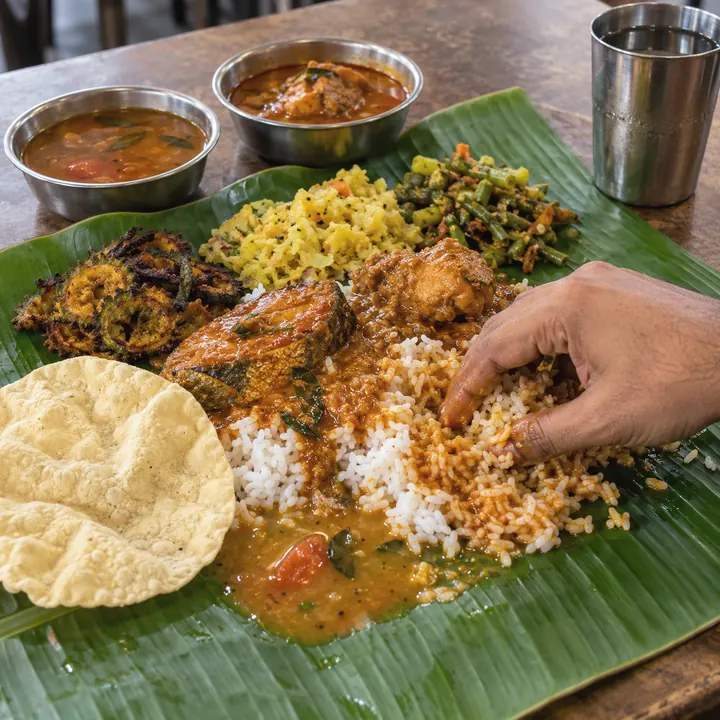 A hand mixes rice with curries and vegetables on a banana leaf, with papadam.