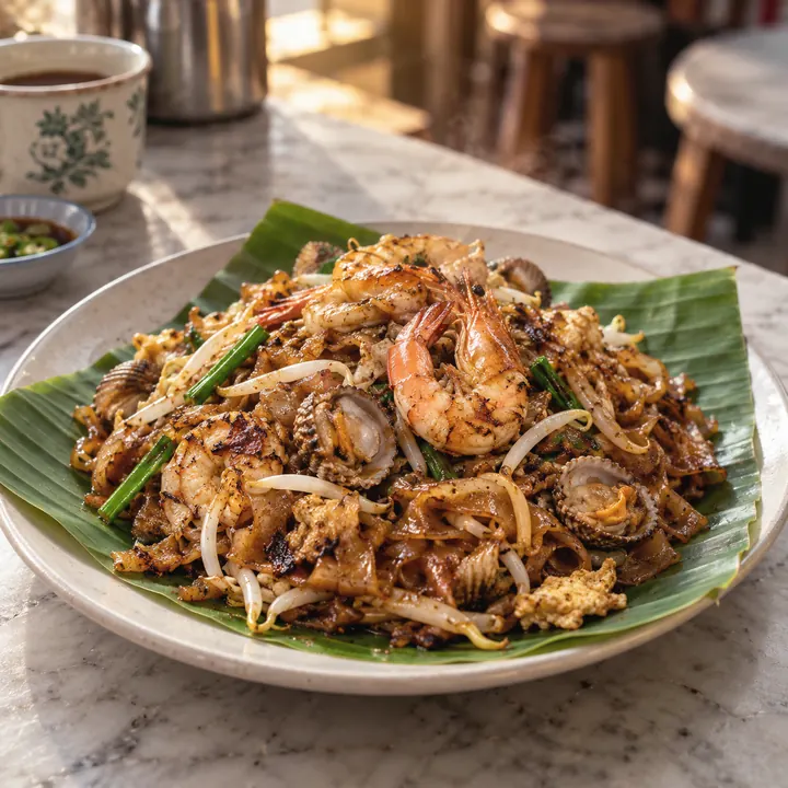 Char kway teow with prawns, cockles, and bean sprouts on banana leaf.