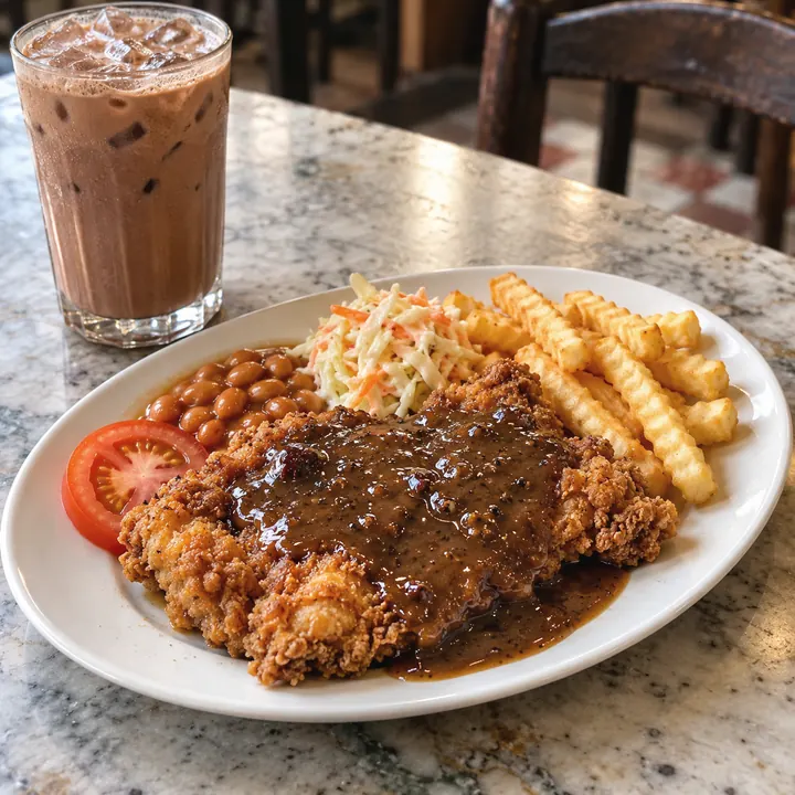 Chicken chop with black pepper sauce, fries, coleslaw, and baked beans, with iced Milo.