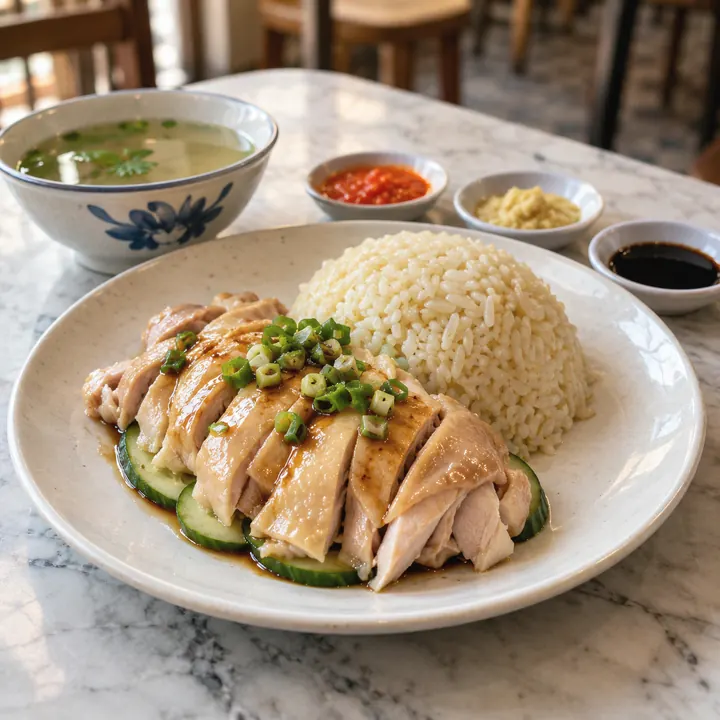 Sliced poached chicken with chicken rice, chilli sauce, ginger, and soup.