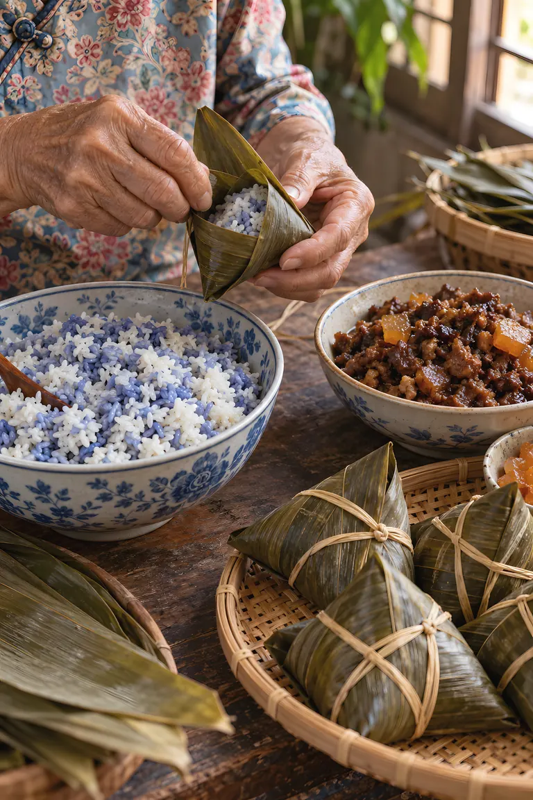 A grandmother’s hands wrap Nyonya chang in bamboo leaves, beside bowls of blue-and-white glutinous rice and braised pork filling.