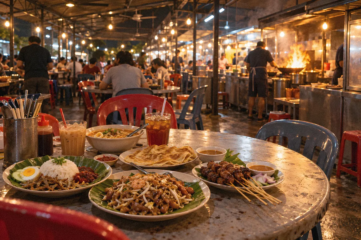 A hawker centre at night: tables of nasi lemak, satay, mee goreng, and teh tarik, with wok fire flaring at a stall behind.