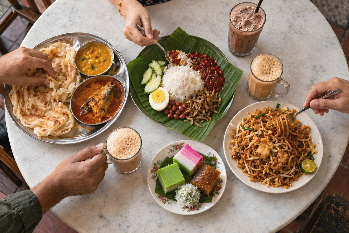 Four friends share a mamak breakfast at a marble table: roti canai with dhal and fish curry, nasi lemak on banana leaf, mee goreng mamak, kuih, teh tarik, and iced Milo.