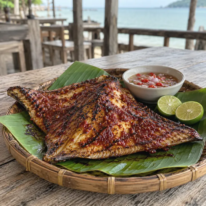 Grilled stingray coated in sambal on banana leaf by the sea, with air asam and lime.