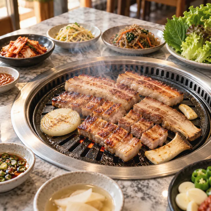 Pork belly on a tabletop grill with kimchi, bean sprouts, japchae, and lettuce.