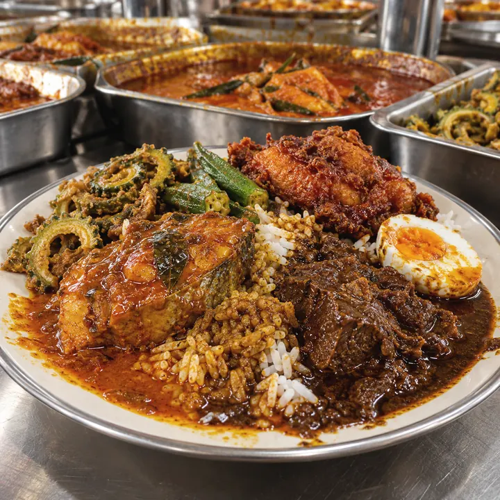 Nasi kandar flooded with curries, with fried chicken, salted egg, okra, and bitter gourd.