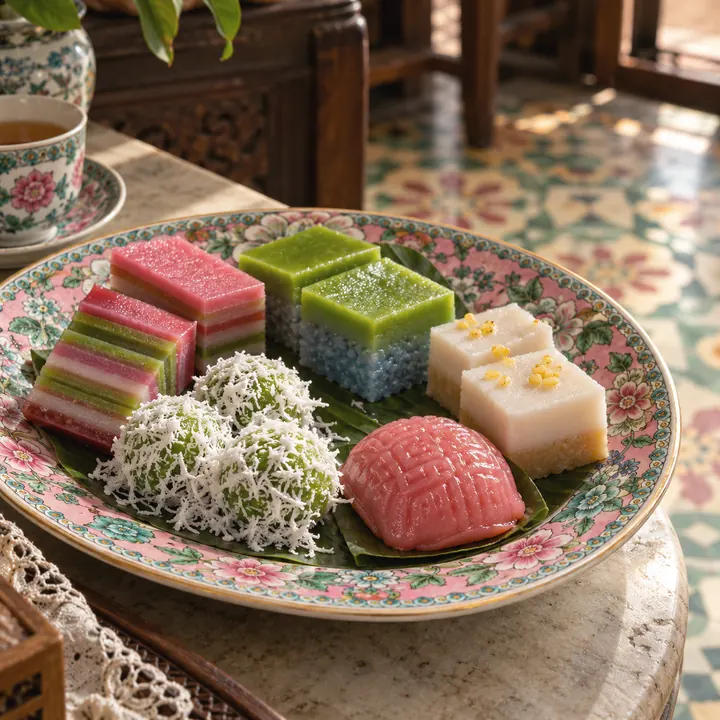 Nyonya kuih on a Peranakan porcelain plate: kuih lapis, onde-onde, seri muka, and ang ku.