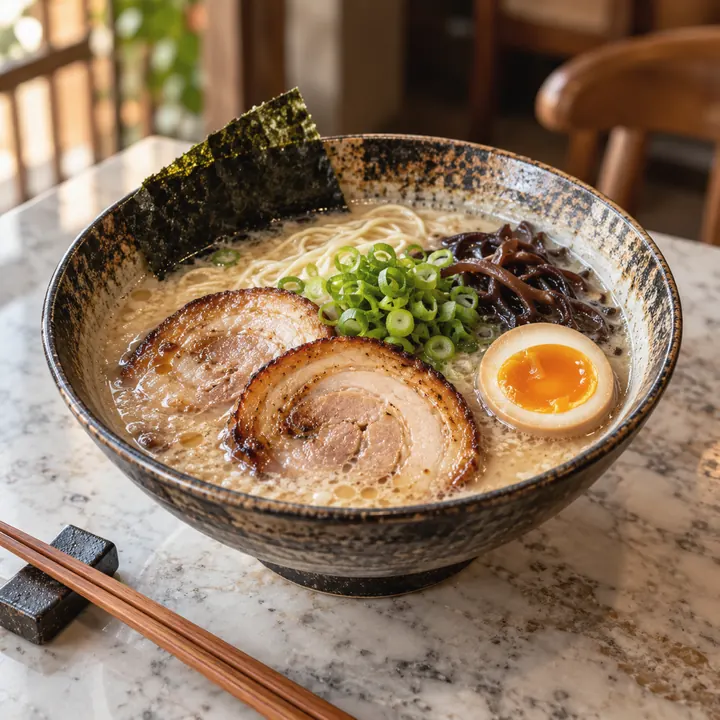 Tonkotsu ramen with chashu, a soft-boiled egg, nori, and spring onion.