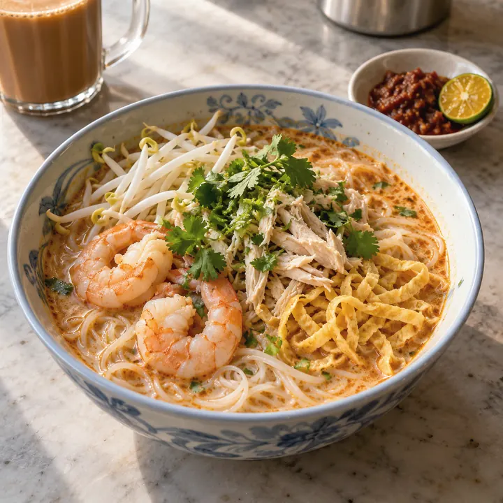 Sarawak laksa with prawns, strips of omelette, shredded chicken, and bean sprouts, with sambal belacan and lime.