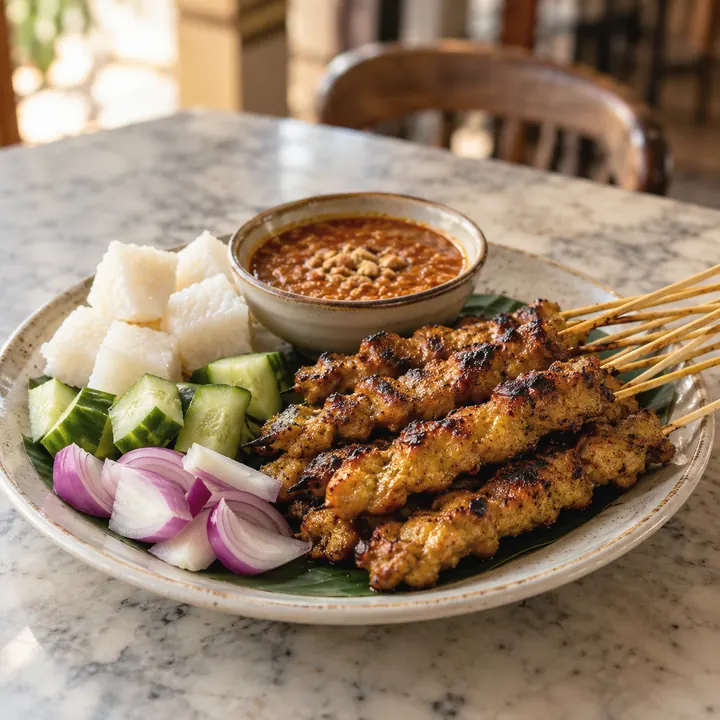 Chicken satay skewers with peanut sauce, ketupat, cucumber, and onion.