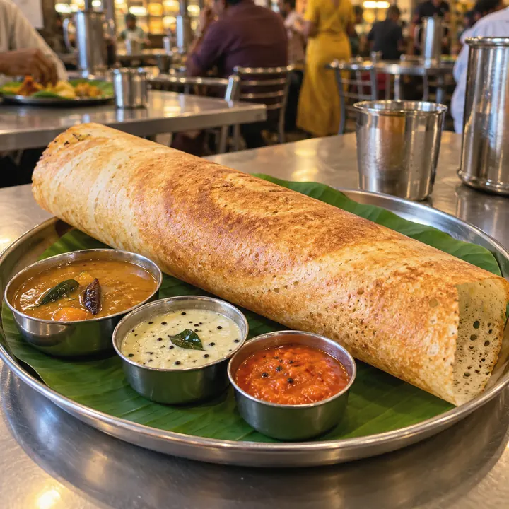 A crisp thosai on banana leaf with sambar, coconut chutney, and tomato chutney.